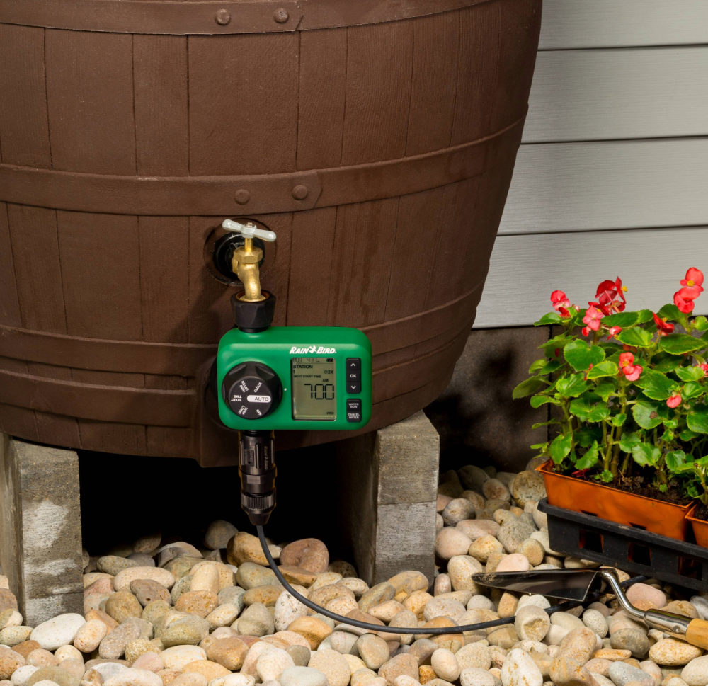 rain collection barrel with hose end timer
