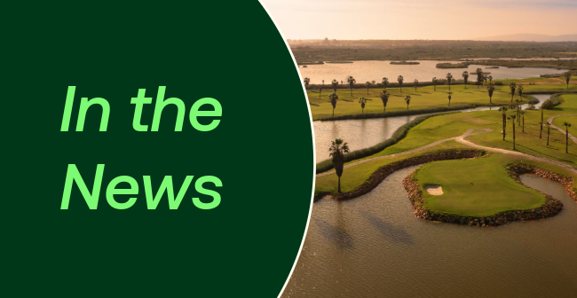 Image of the Salgados Golf Course on the right side. A green semi-circle on the right with the words "In the News" takes up the left half of the page.