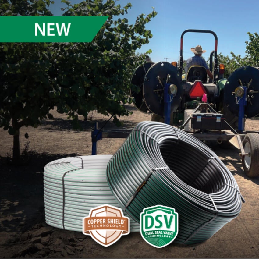 Product photo of dripline overlayed on an image of an orchard with a farmer driving a tractor.