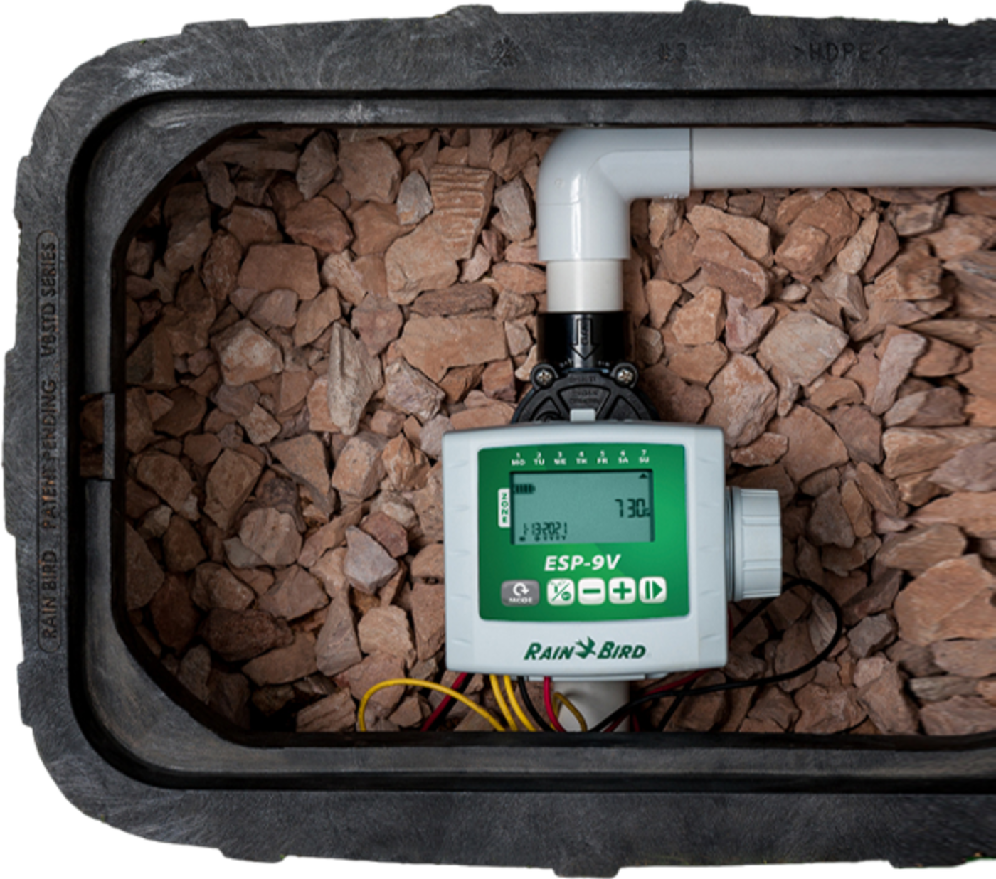 Rain Bird ESP-9V battery-operated irrigation controller hooked up to irrigation system