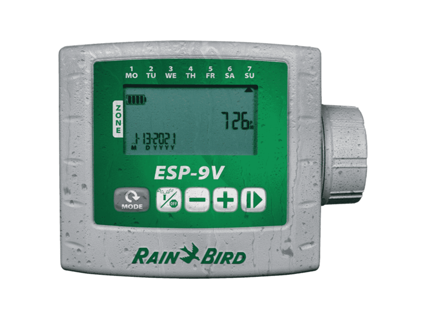 Rain Bird ESP-9V battery-operated irrigation controller with weatherproof keyword to protect against harsh environmental conditions like humidity