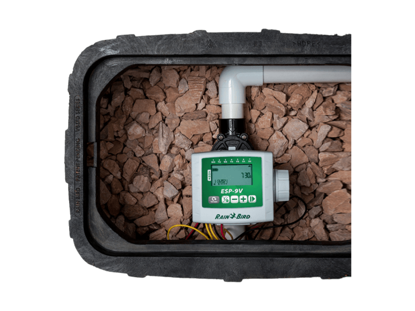 Rain Bird ESP-9V battery-operated irrigation controller hooked up to irrigation system