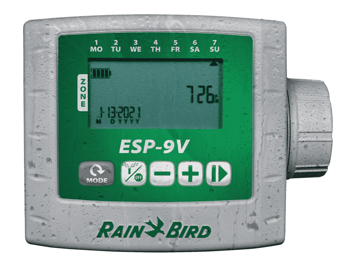 Rain Bird ESP-9V battery-operated irrigation controller with weatherproof keyword to protect against harsh environmental conditions like humidity