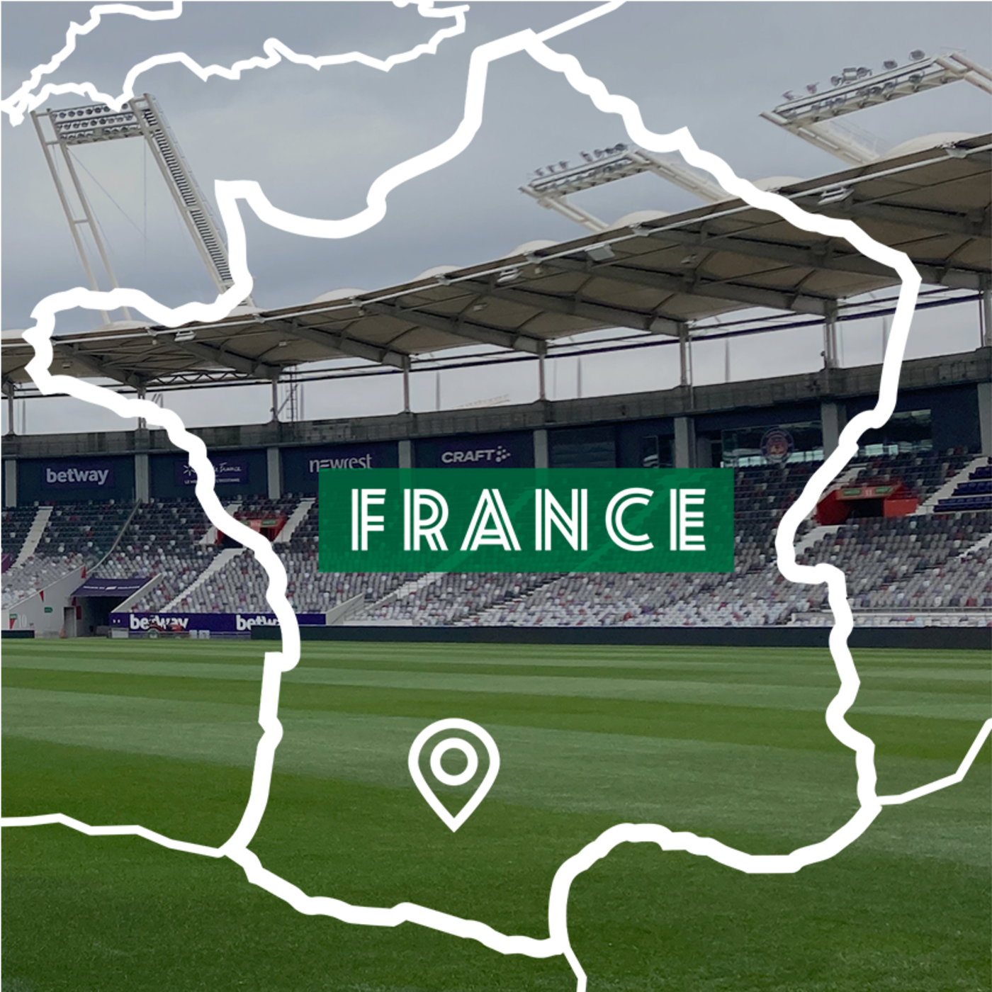 Outline of map of France with Soccer stadium in background