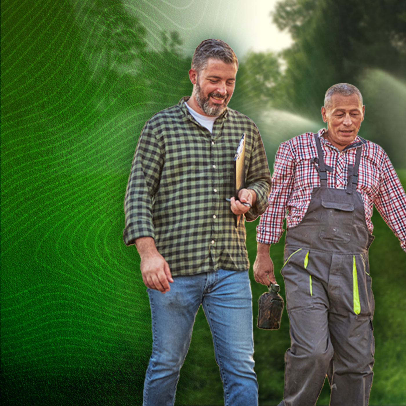 Landscape contractor walking alongside another man in a field with irrigation sprinklers shooting water in the background