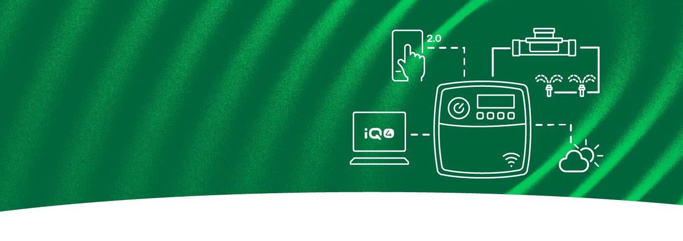 Line art illustration of connectivity between IQ4 Central Control, the Rain Bird 2.0 App, irrigation system components