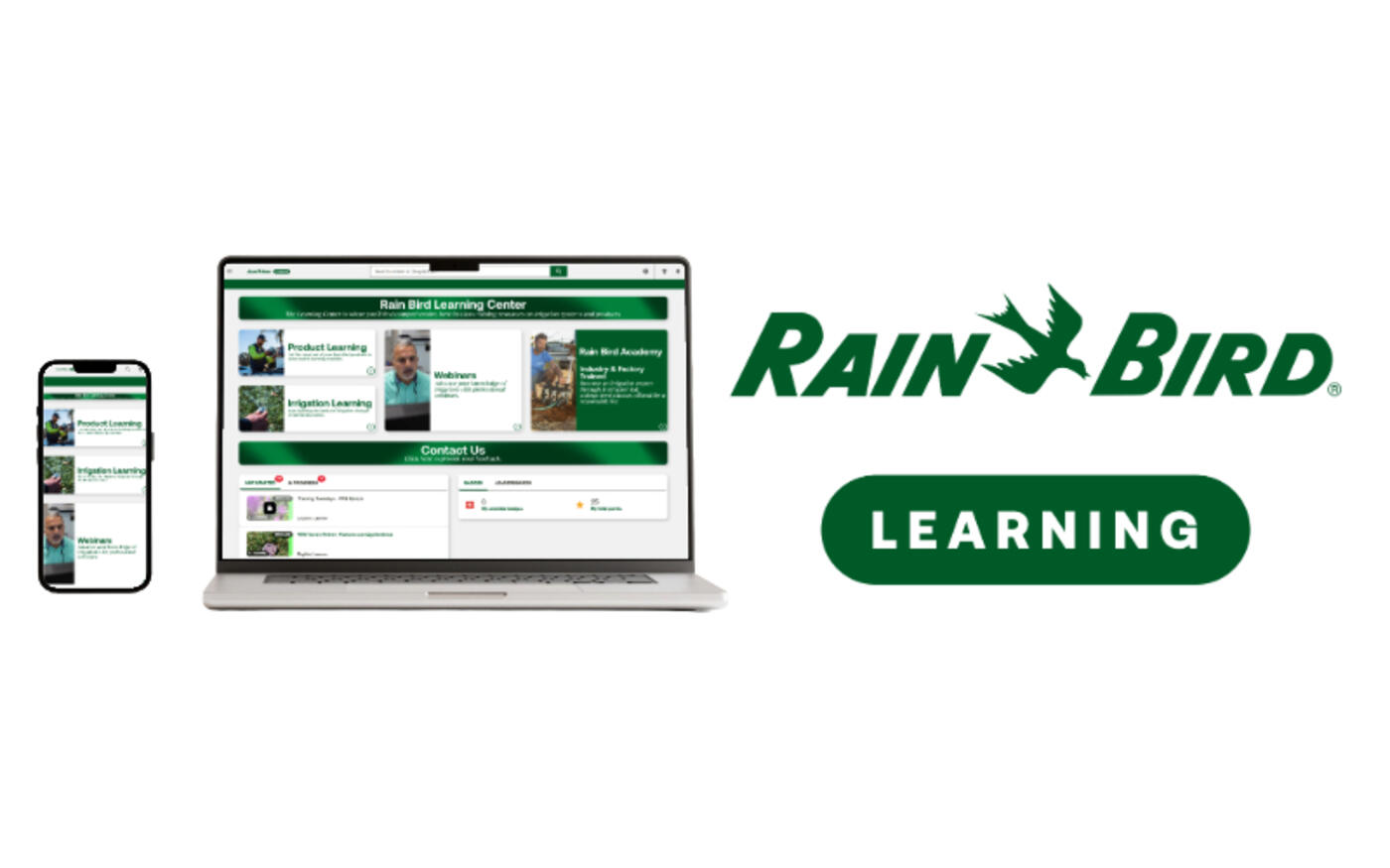 Rain Bird Learning interface on mobile phone and laptop.