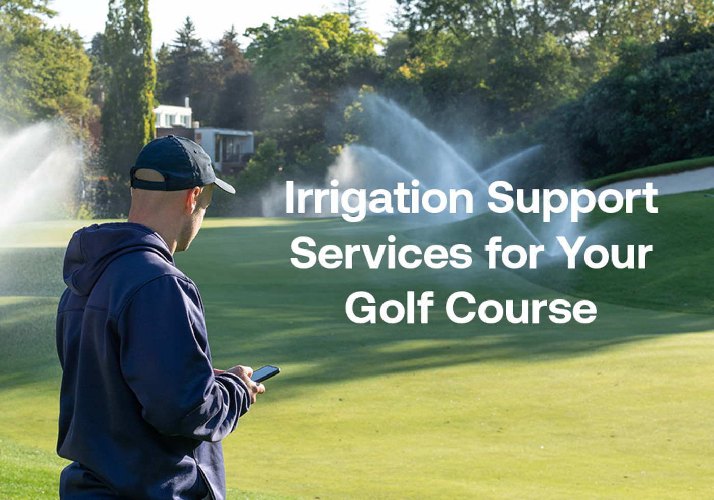 Man standing on a golf course, back facing to viewer and holding a smartphone while looking at running irrigation sprinklers.