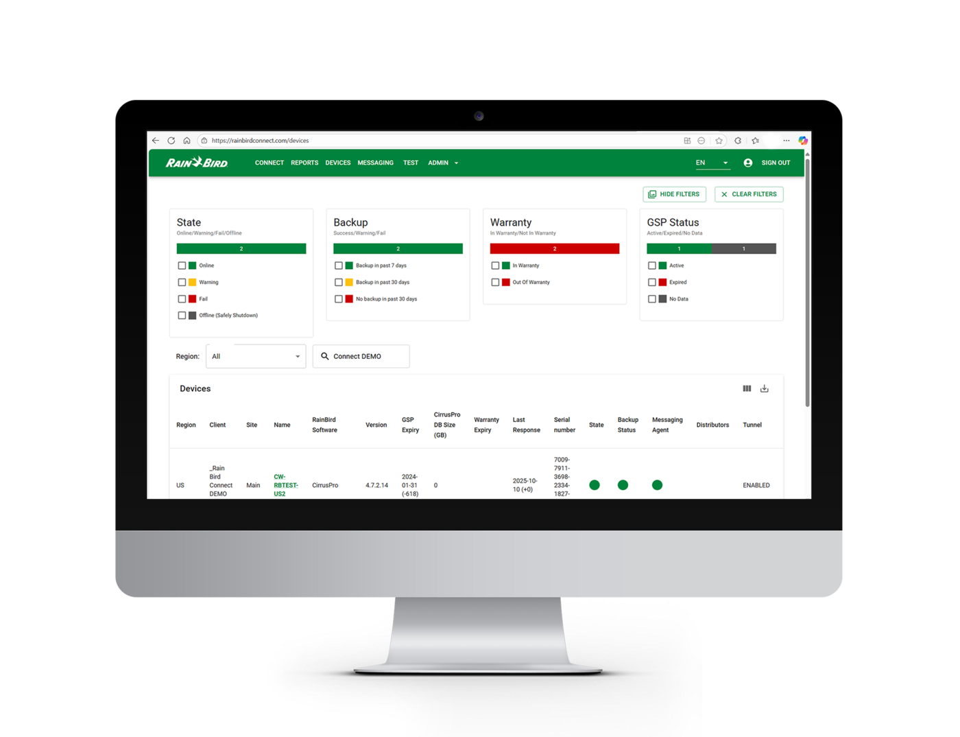 Monitor screen with Rain Bird Connect home page showing irrigation PC data and updates.